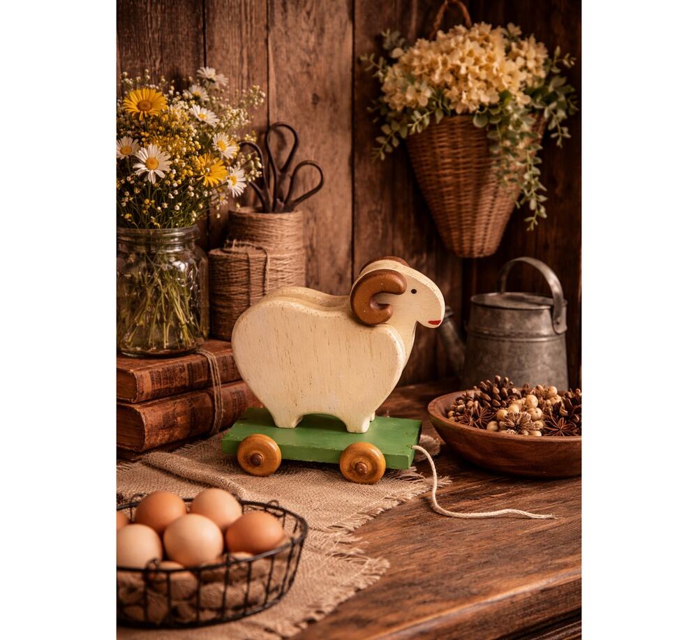 Handmade Wooden Ram Sheep Pull Toy 9" H x 9" L x 6"W